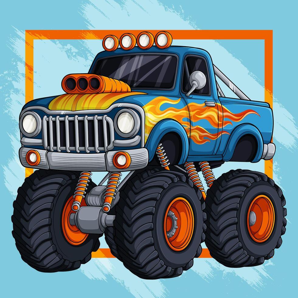 Hand Drawn Comic Style Monster Truck with Flames and Big Tires vector