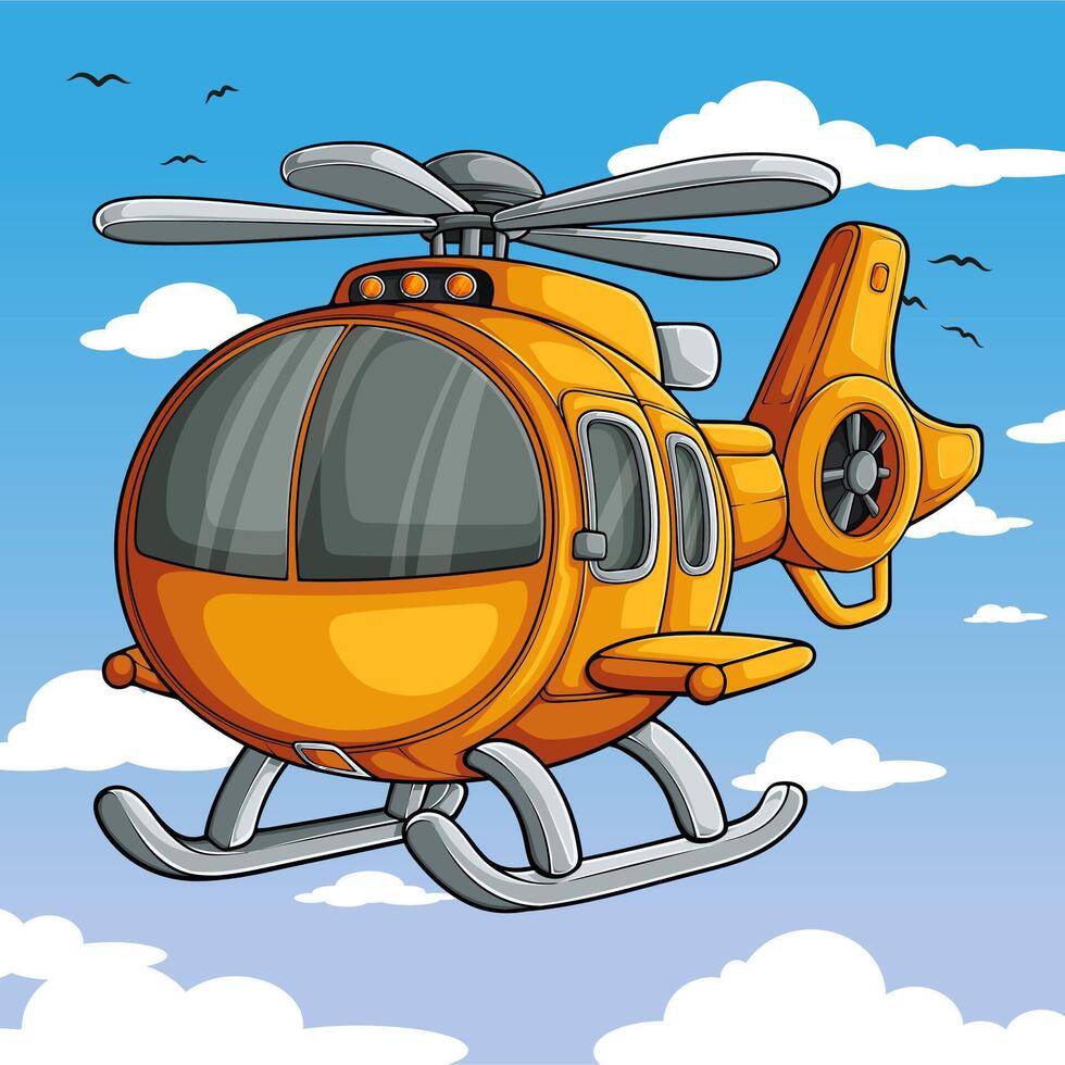 Hand Drawn Cartoon Style Yellow Helicopter Flying in the Sky vector