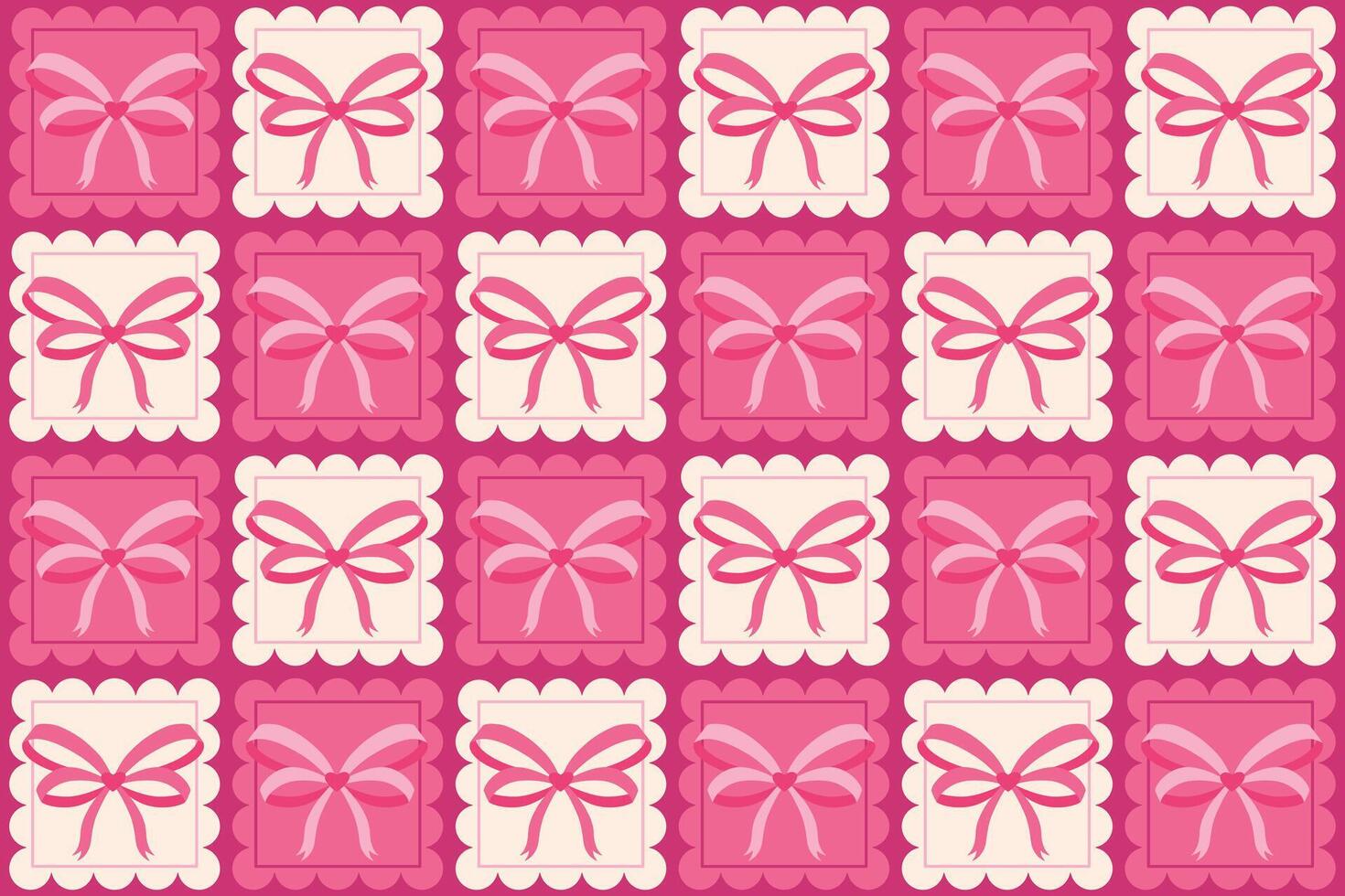 Ribbon bow with heart stamps seamless pattern background illustration. Groovy checkered ornament design for textile, fabric, packaging. Coquette and 70s aesthetic vector