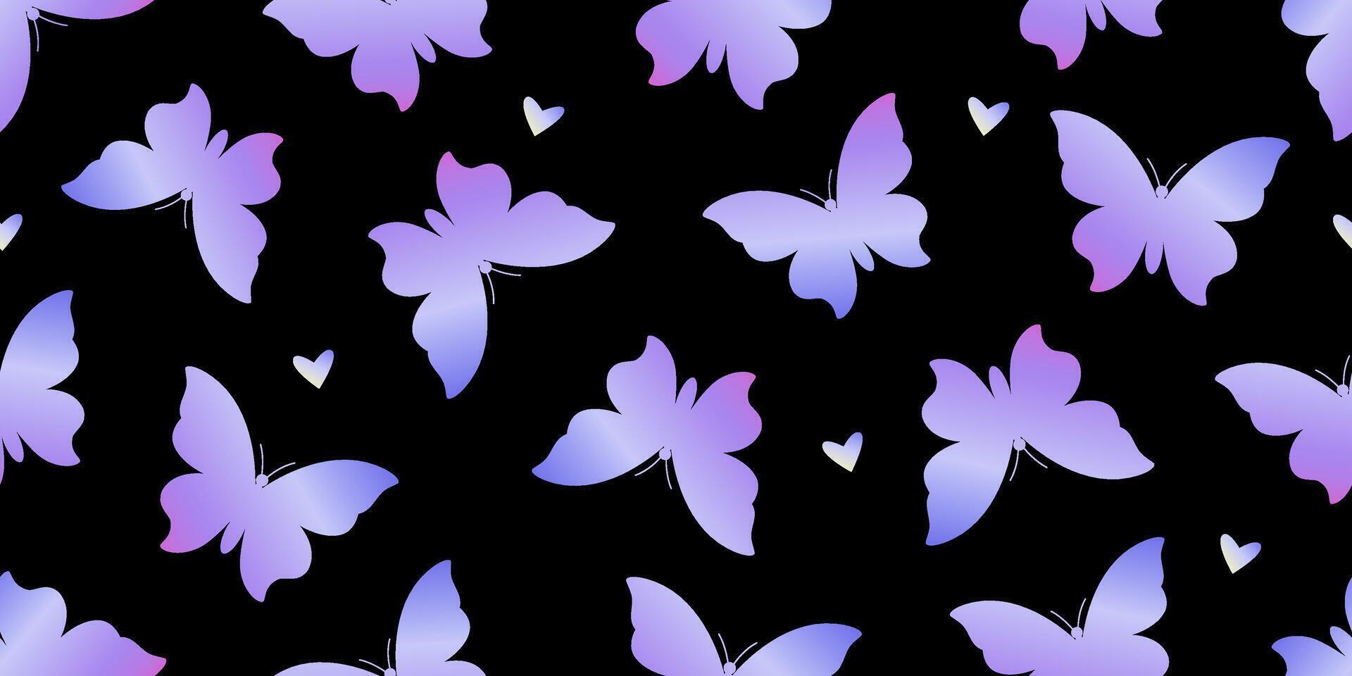 Butterfly gradient shapes seamless pattern illustration. Insect and heart repeated ornament. Design for textile, fabric, background, wrapping paper, package. Y2K aesthetic vibe. vector