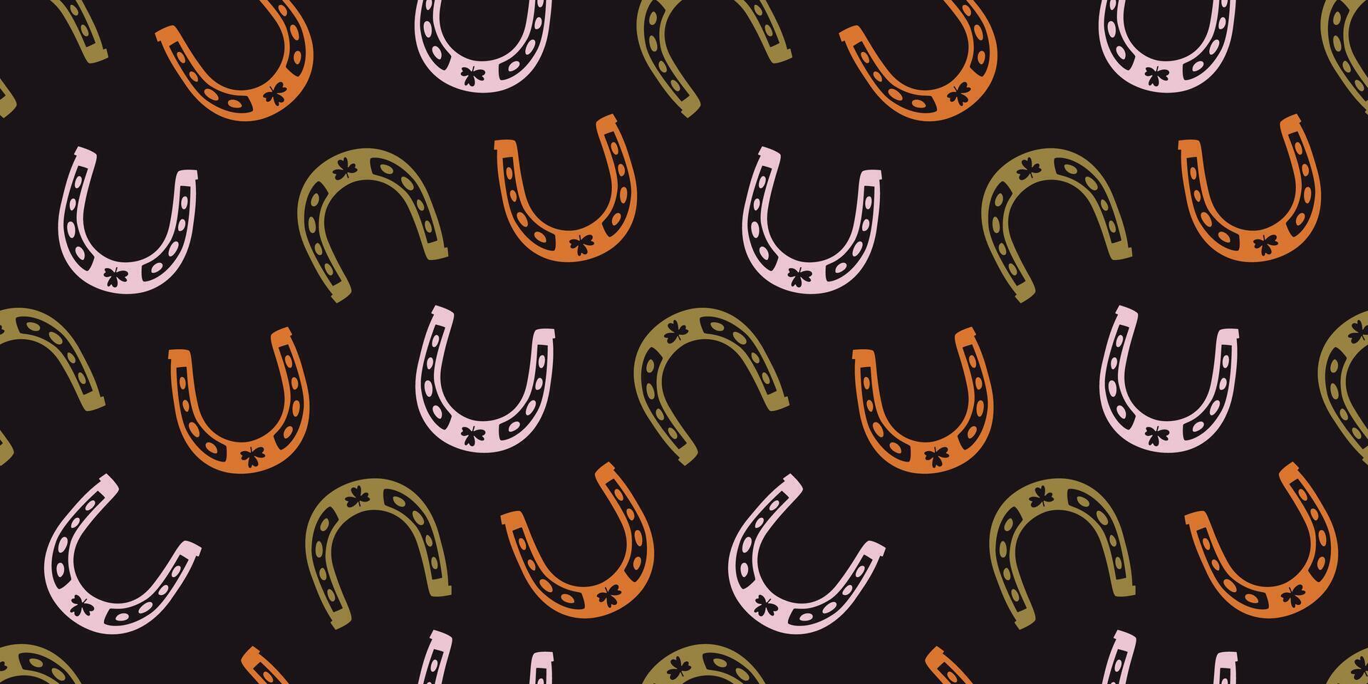 Horseshoe with shamrock color seamless pattern. flat illustration in western and St. Patrick's aesthetic. Design for textile, fabric, background and packaging vector