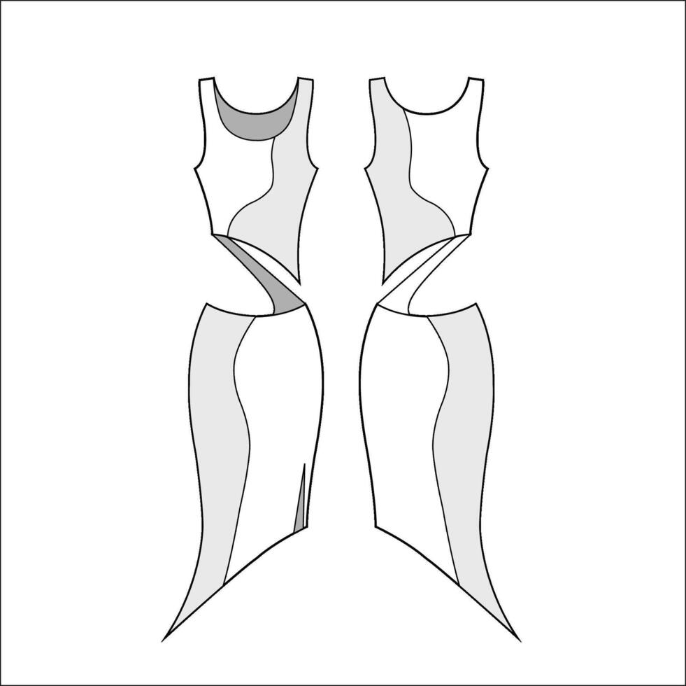 Fashion technical drawing of summer asymmetric hem and open waist vector