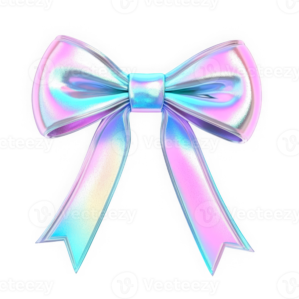 3D chrome bow in Y2K style with liquid holographic metal effect. Glossy reflective surface, pastel rainbow colors, molten shape, metallic sheen, shiny and dreamy. png