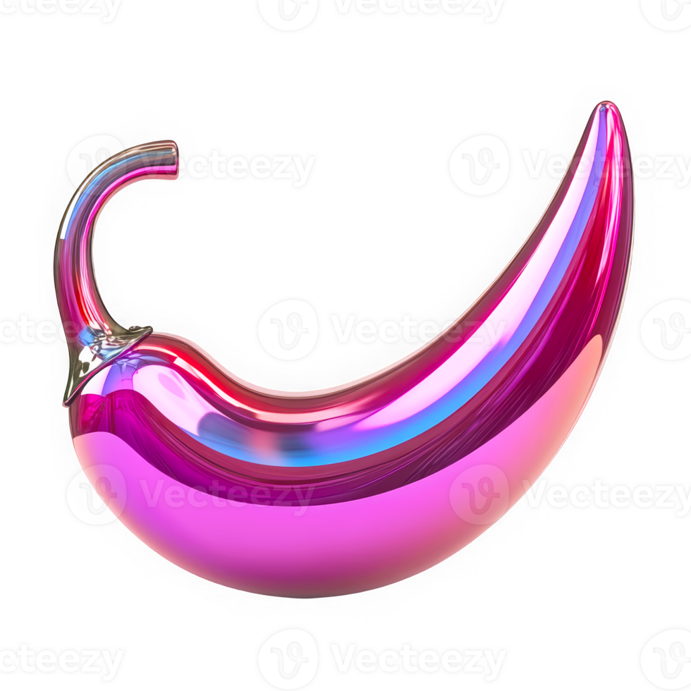 Shiny holographic chili pepper in Y2K chrome. Glossy tones, melted metal texture, rainbow reflections, dreamy surreal aesthetic. png