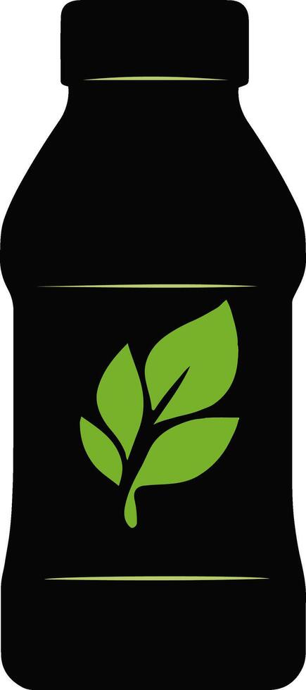 Fitness water bottle leaf symbol black silhouette with green accent detail hydration ecofriendly flat minimal bold silhouette vector