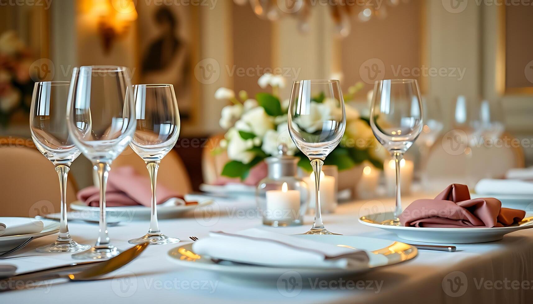table set for a formal dinner with wine glasses photo