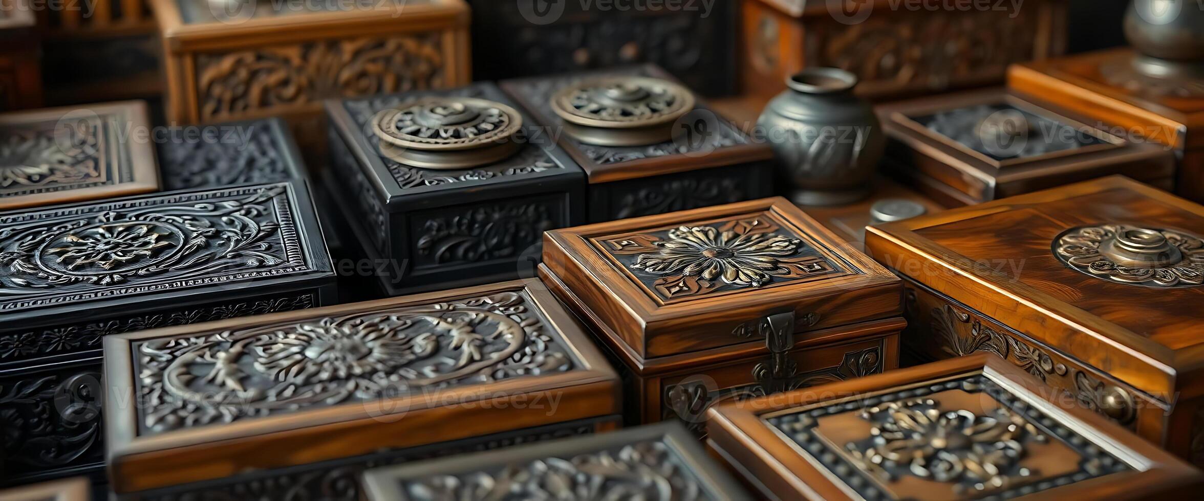 pile of wooden boxes with ornate designs on them photo