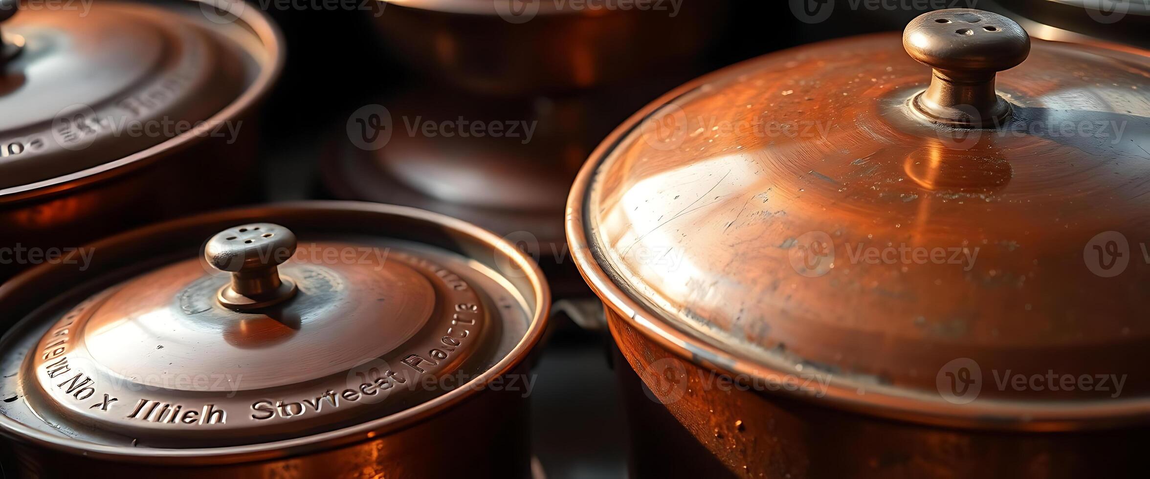 group of pots and pans sitting on top of a table photo