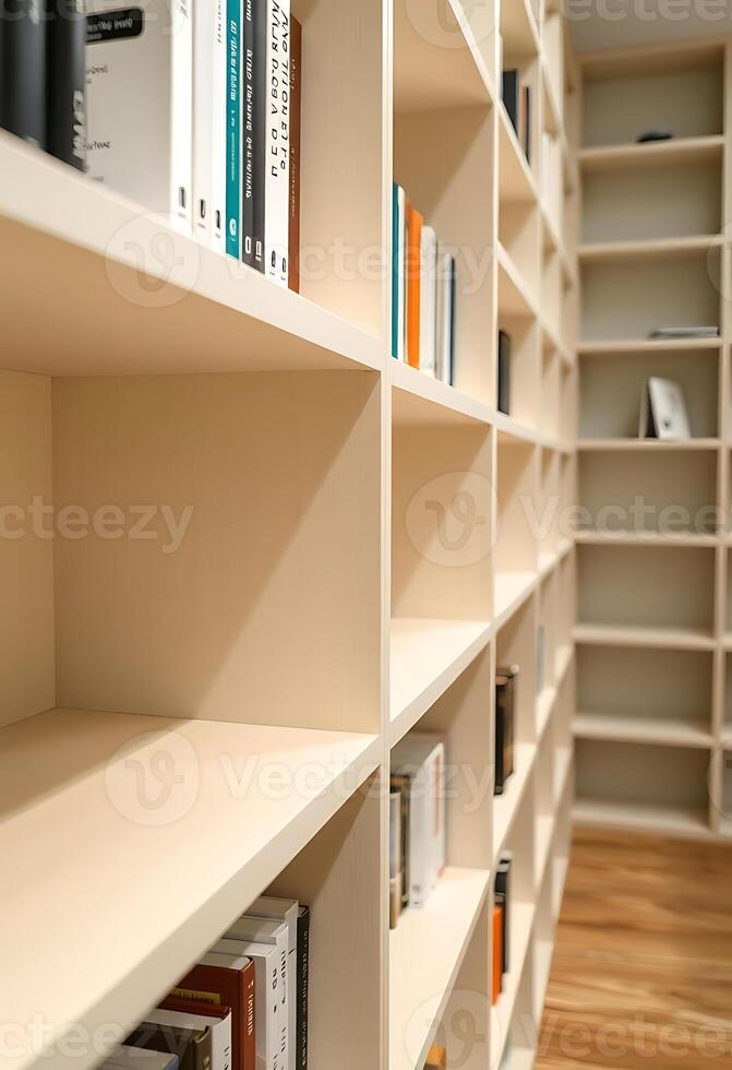 bookshelf filled with lots of books on top of a hard wood floor photo