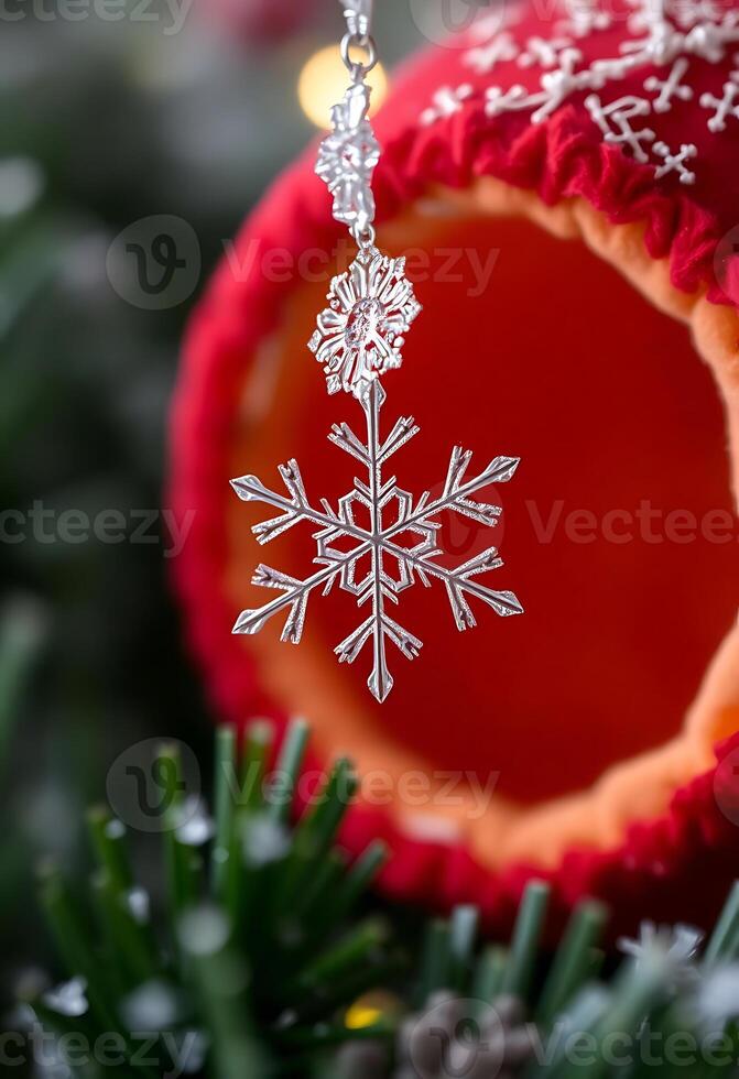 snowflake ornament hanging from a christmas tree photo
