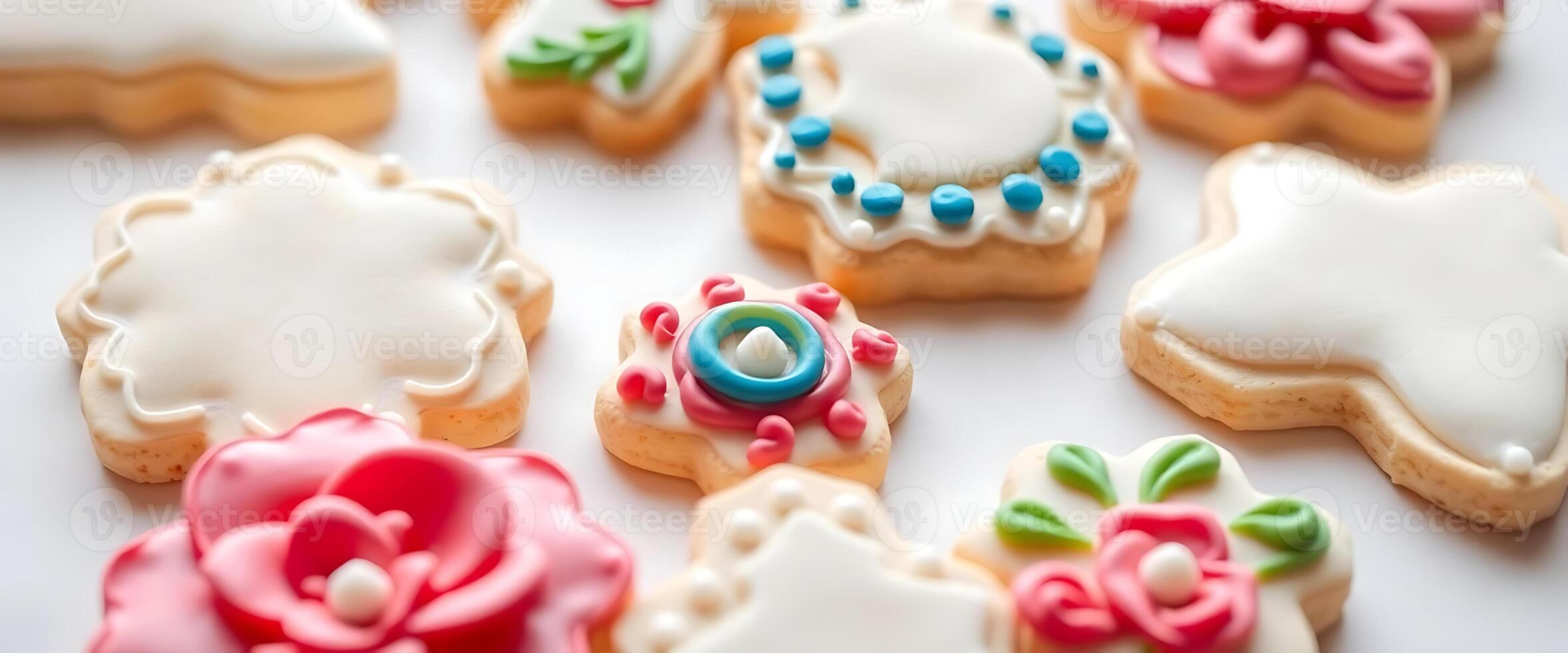 close up of many decorated cookies on a table photo