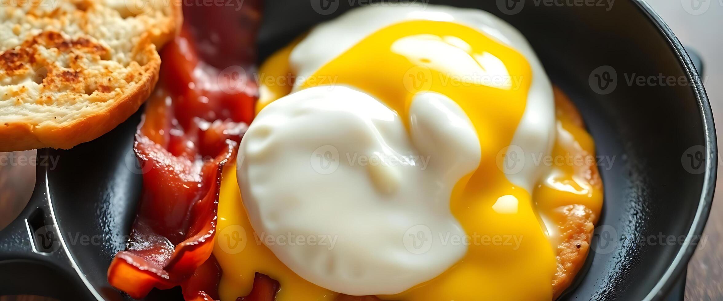 breakfast of eggs, bacon, and toast on a pan photo