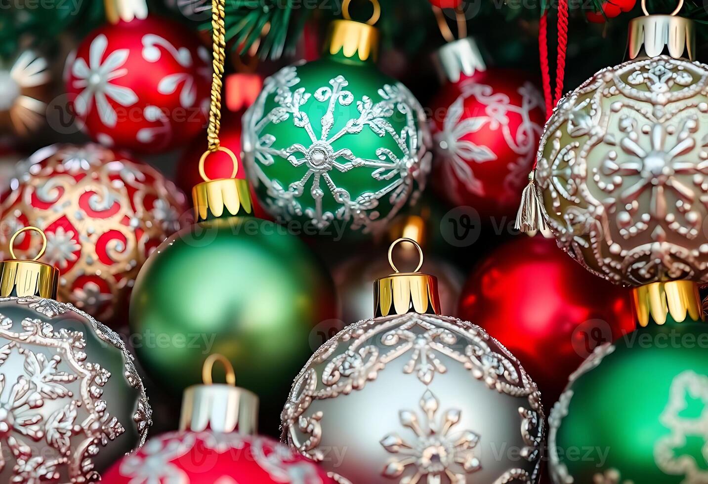 bunch of christmas ornaments hanging from a tree photo