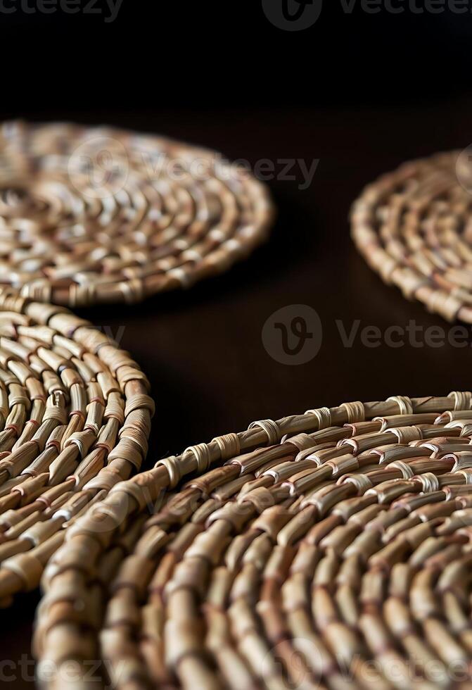 group of wicker plates sitting on top of a table photo