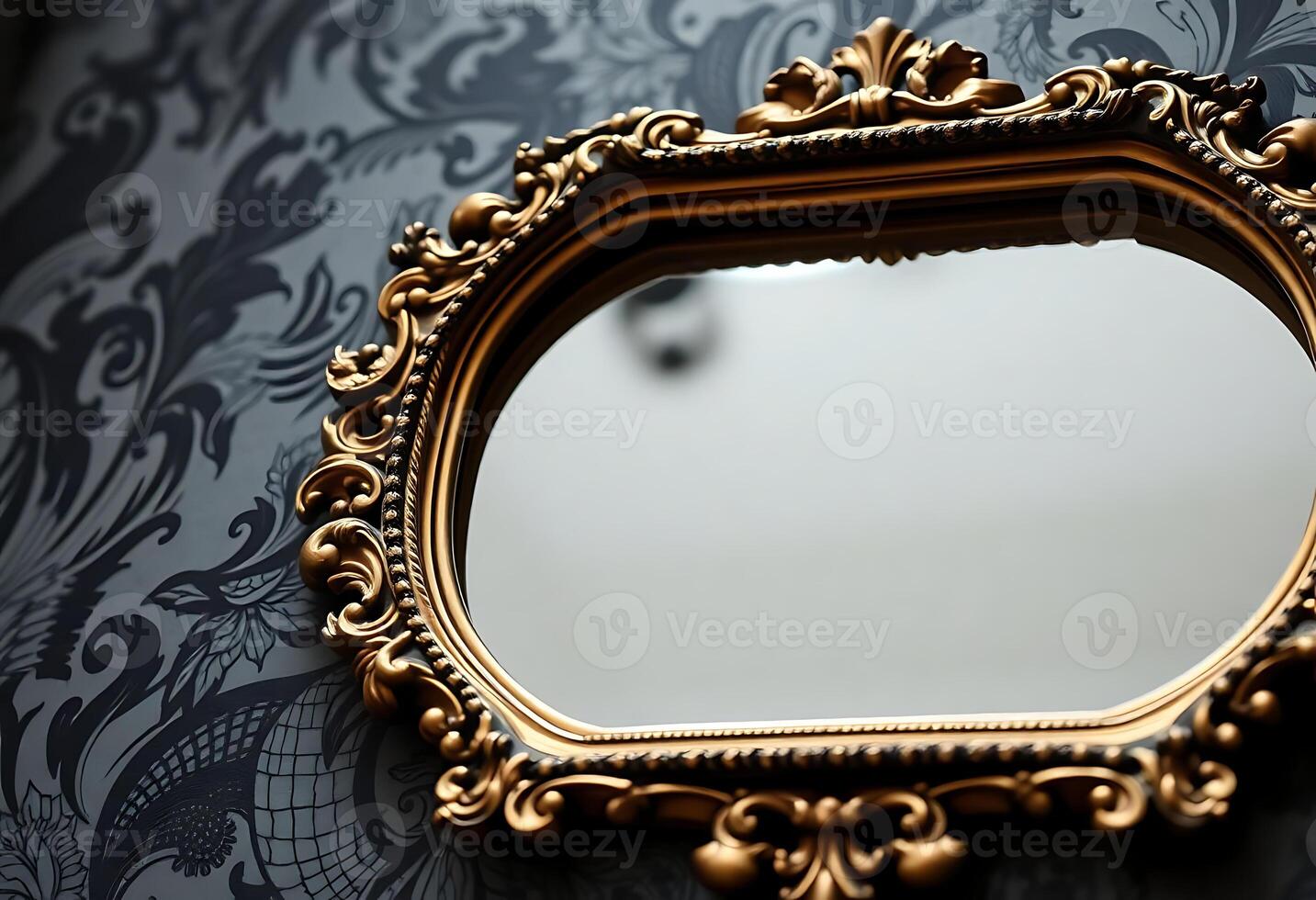 mirror sitting on top of a table next to a wall photo