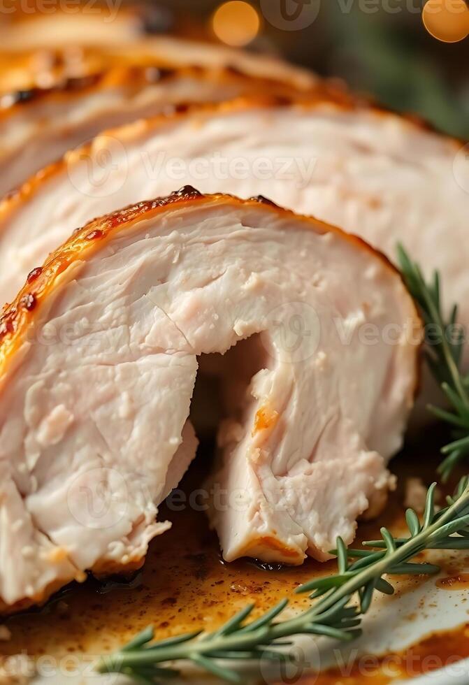 sliced turkey on a plate with a sprig of rosemary photo