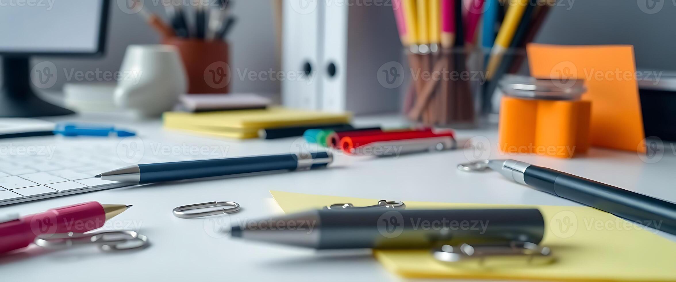 desk with a keyboard and several pens photo