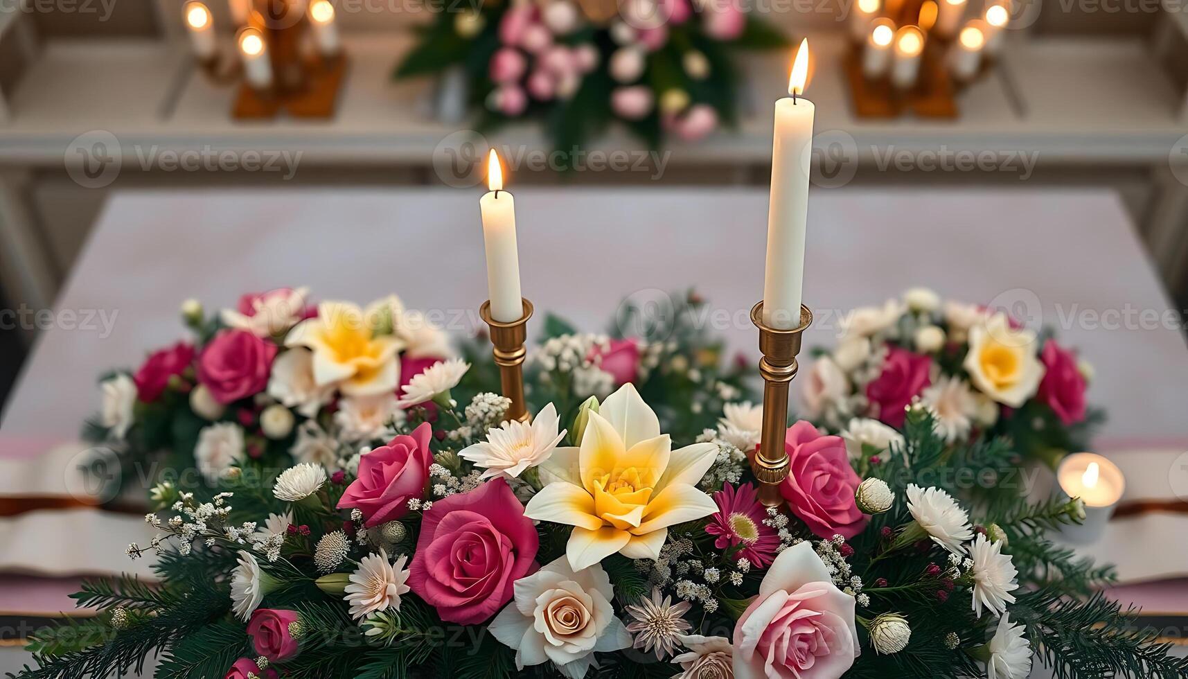 centerpiece with flowers and candles on a table photo