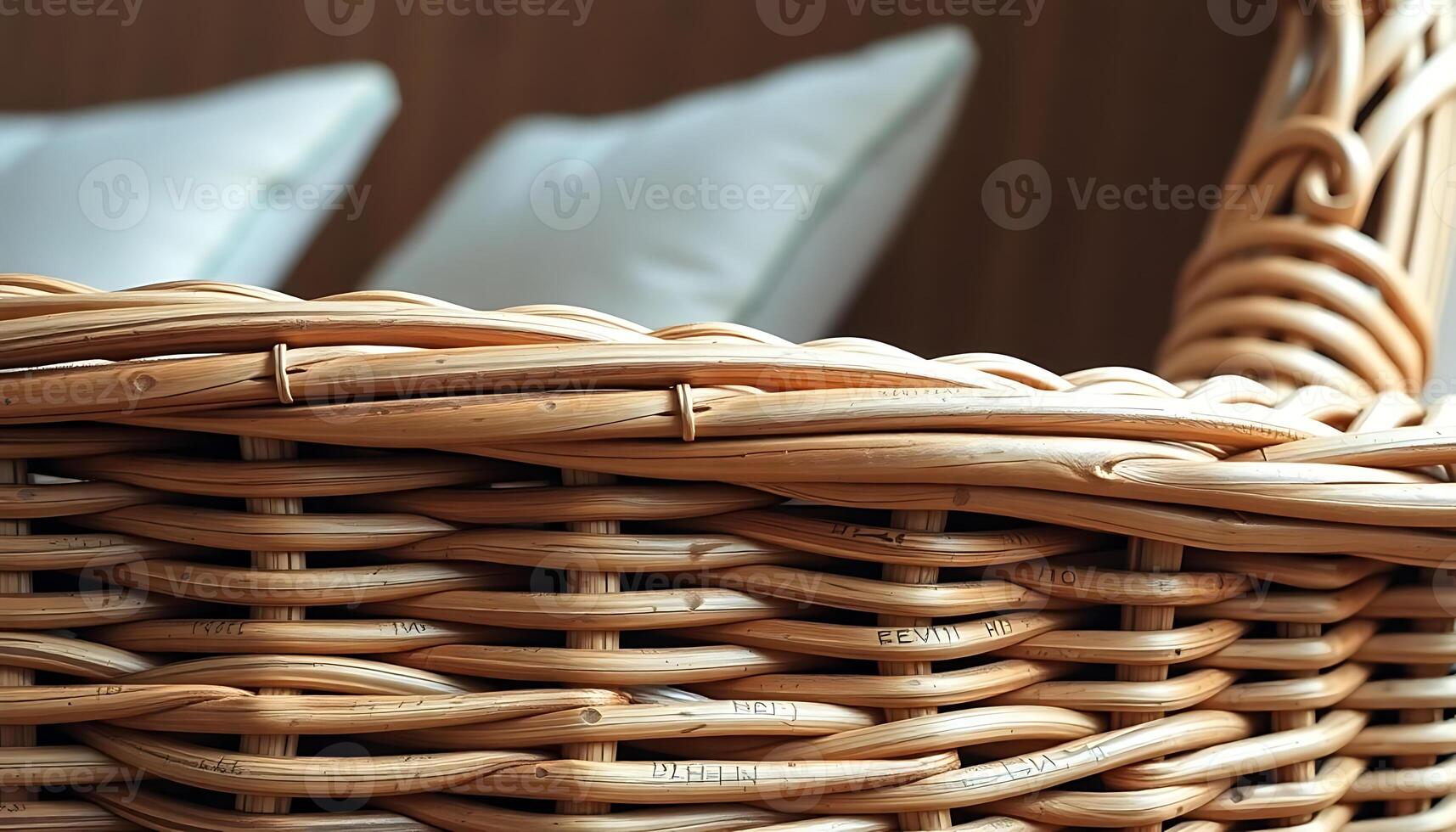 close up of a wicker basket with pillows in the background photo