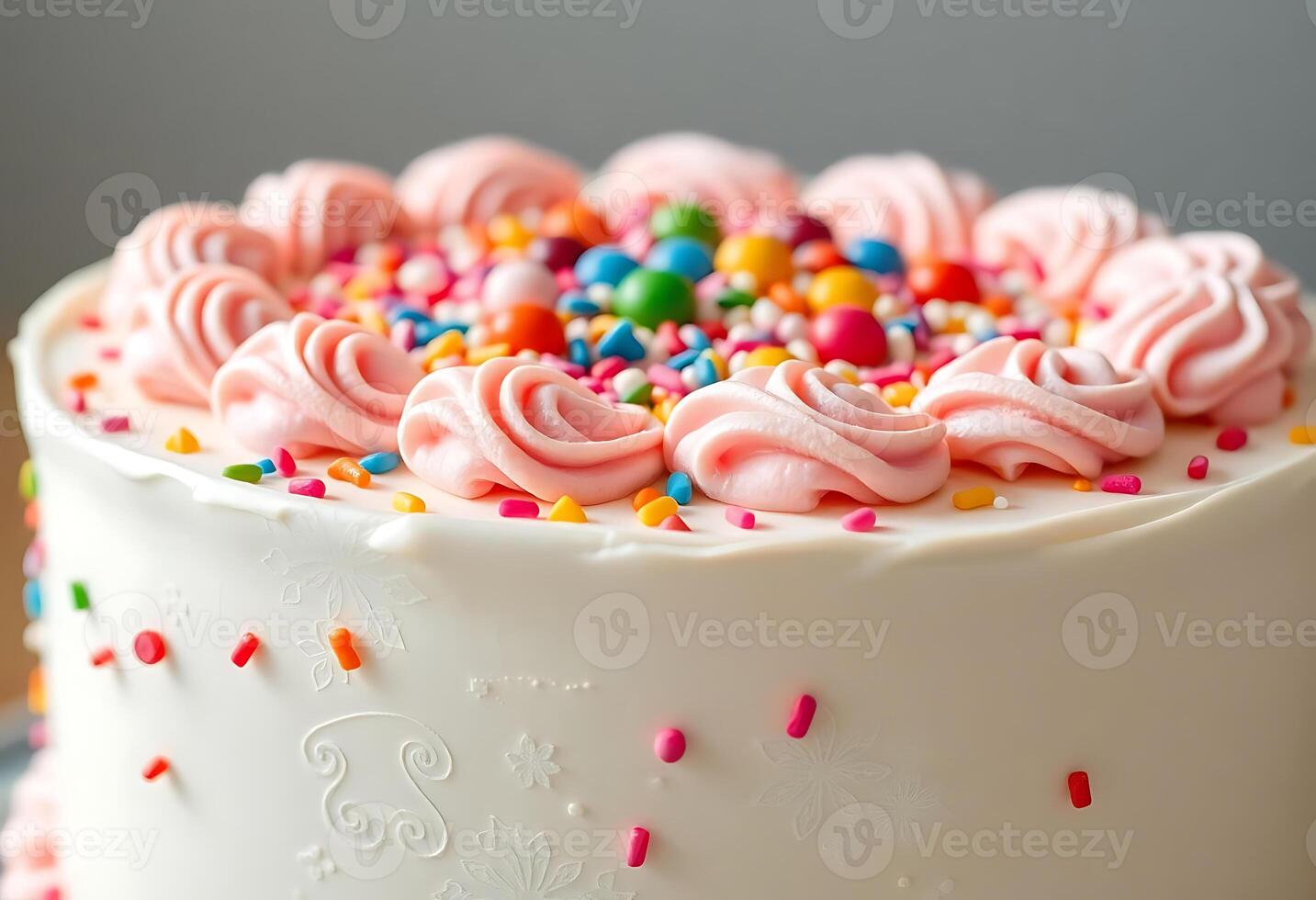 white cake with pink frosting and sprinkles photo