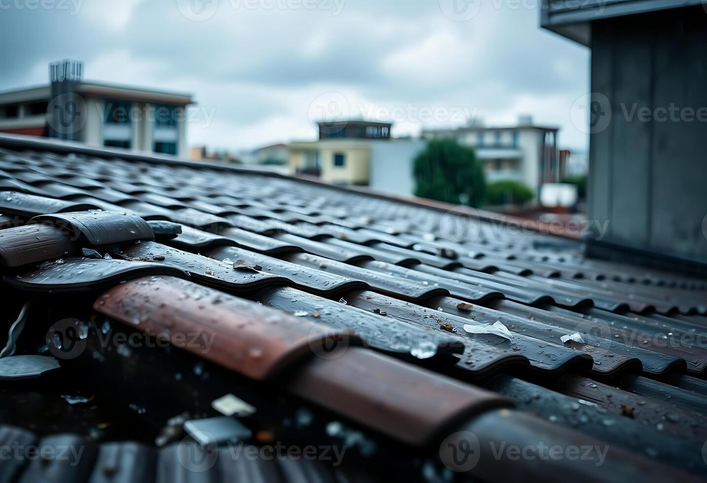 close up of a metal roof with a building in the background photo