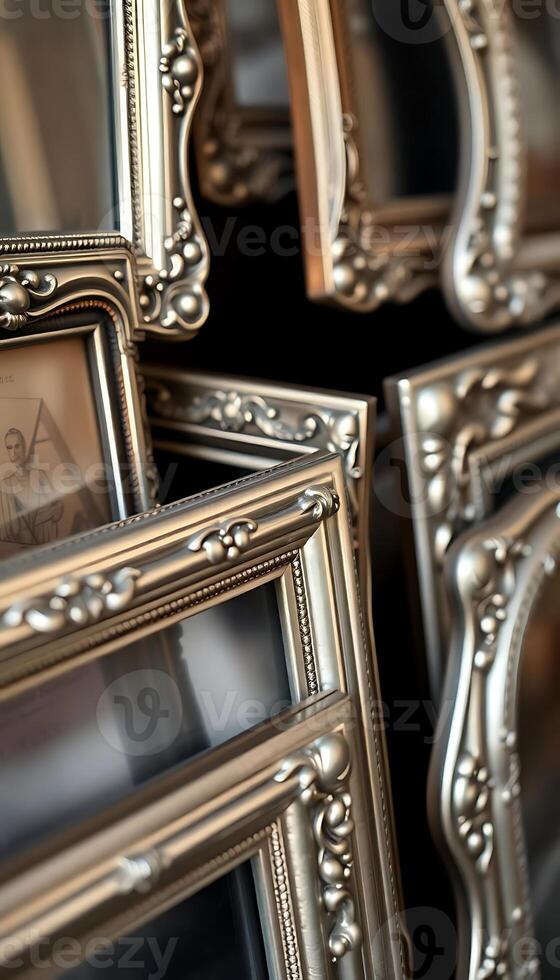 group of silver frames sitting next to each other photo