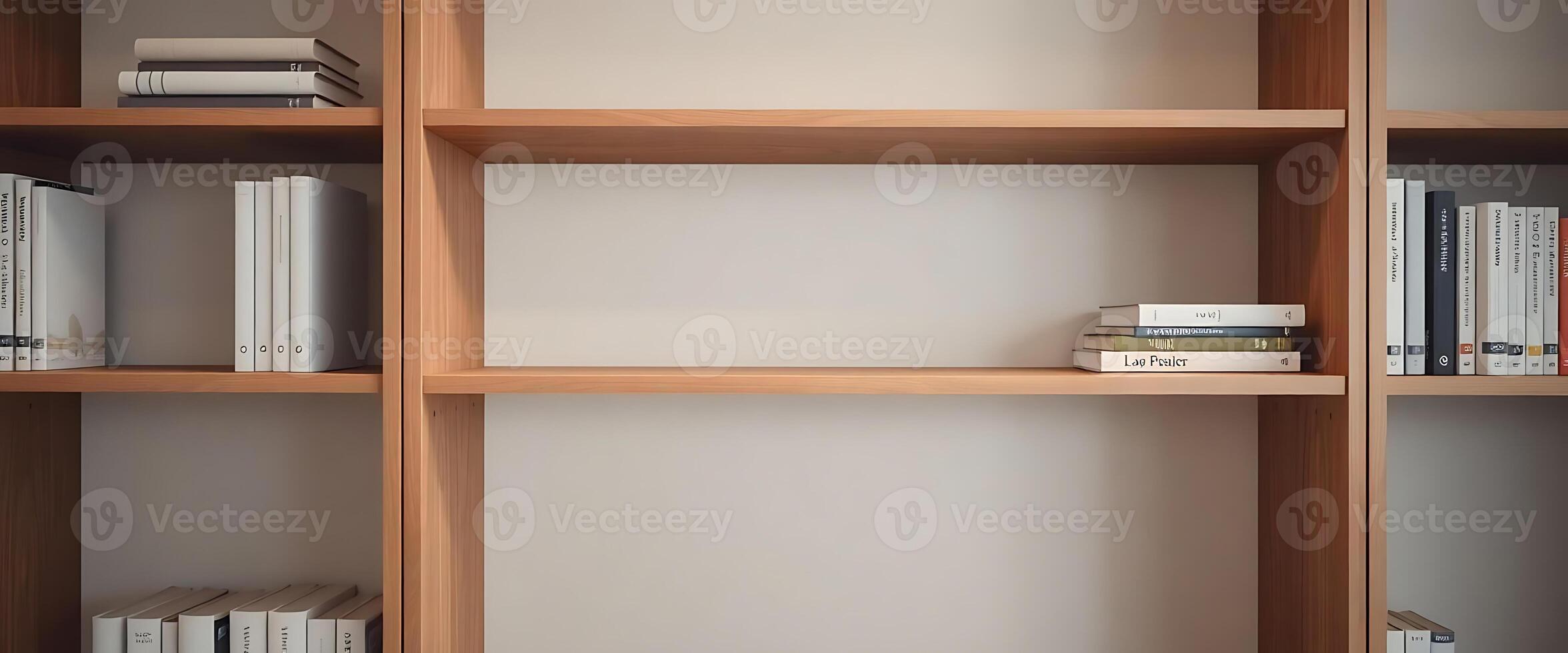 bookshelf filled with lots of books next to a wall photo