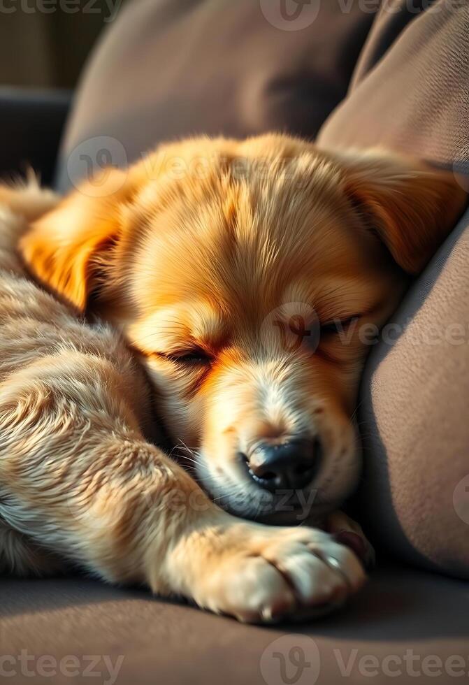 small dog is sleeping on a couch photo