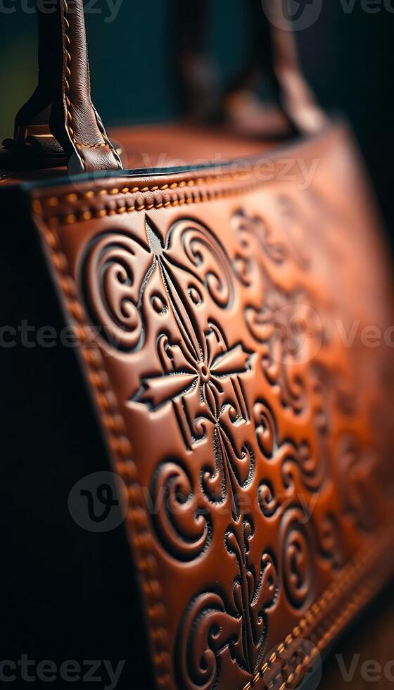 brown leather bag with intricate designs on it photo