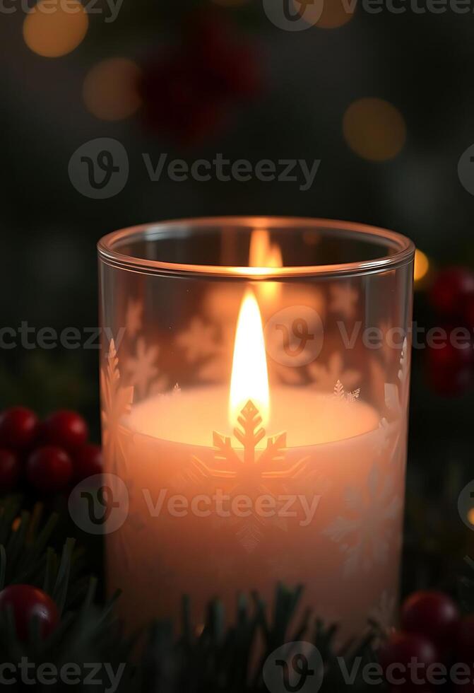 lit candle in front of a christmas tree photo