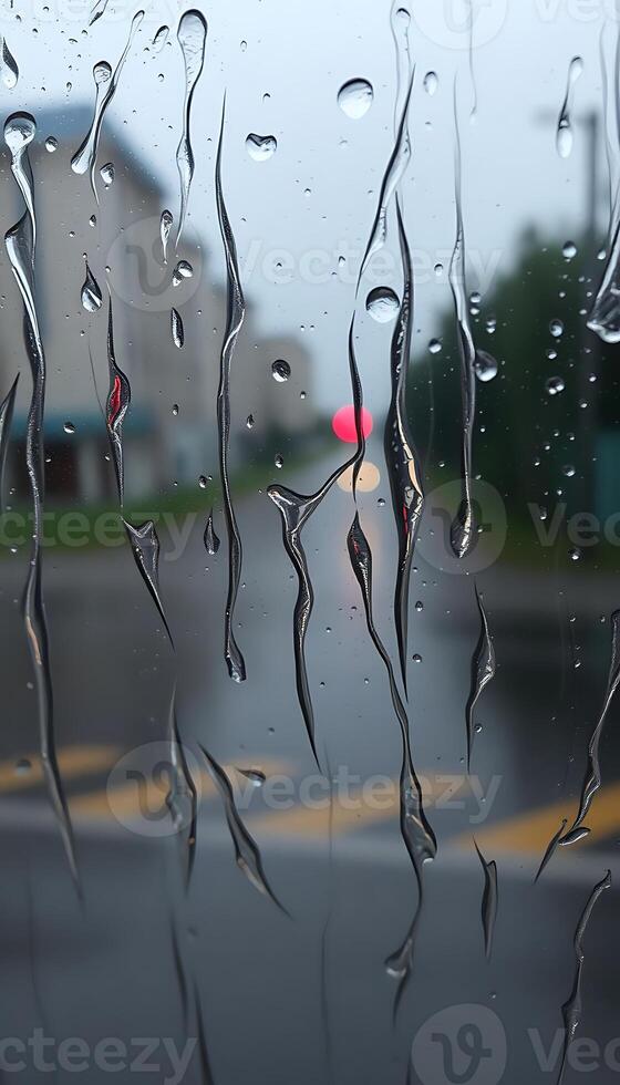 rain covered window with a red car in the background photo