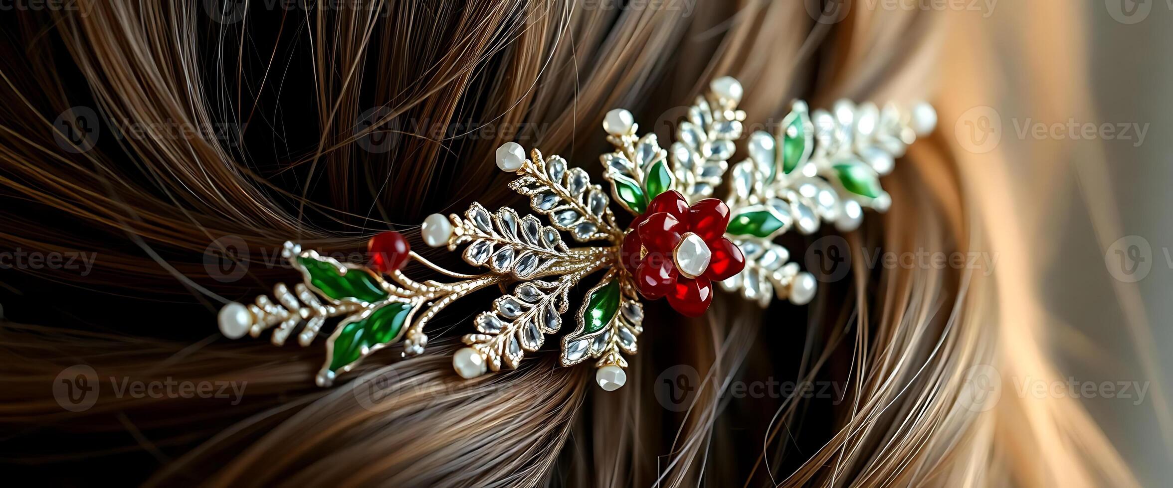 close up of a woman's hair with a red and green brooch photo
