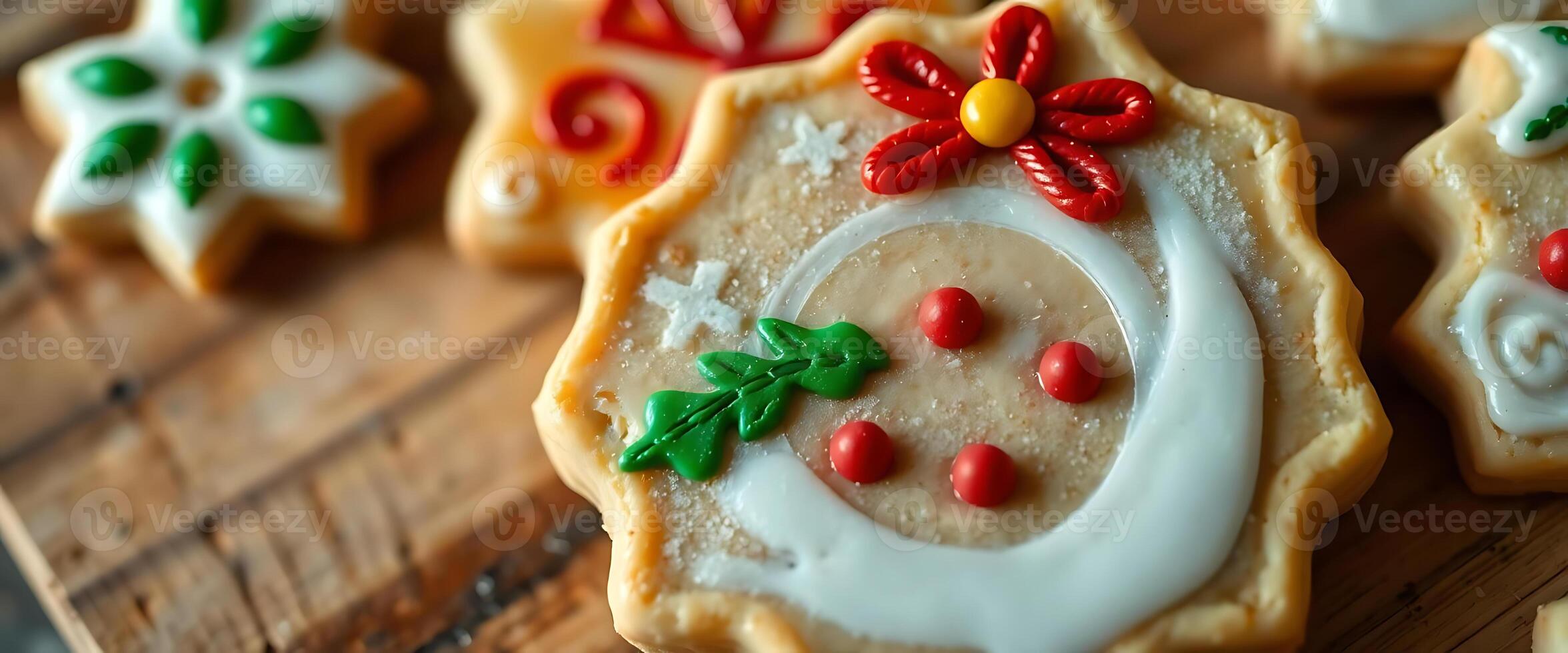 decorated cookies on a wooden cutting board on a table photo