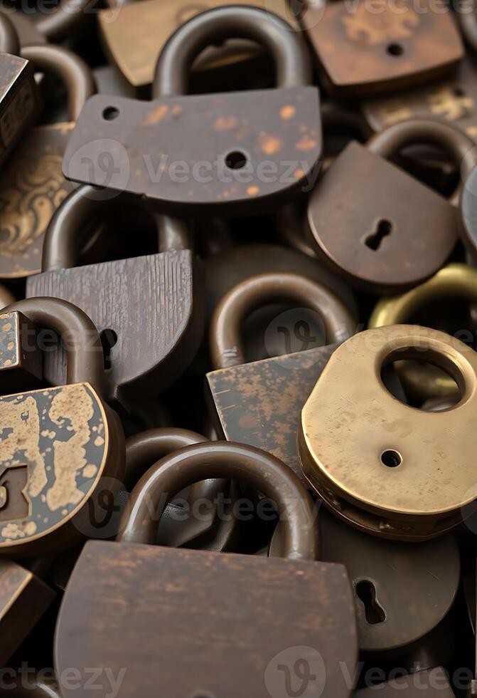 close up of a bunch of old padlocks photo