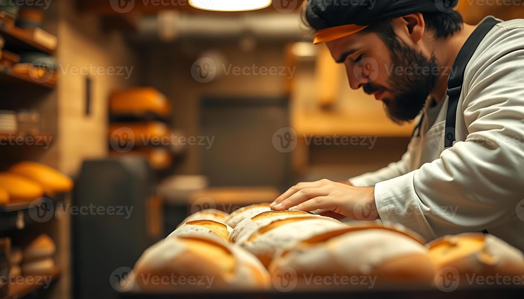man working in a bakery making bread photo
