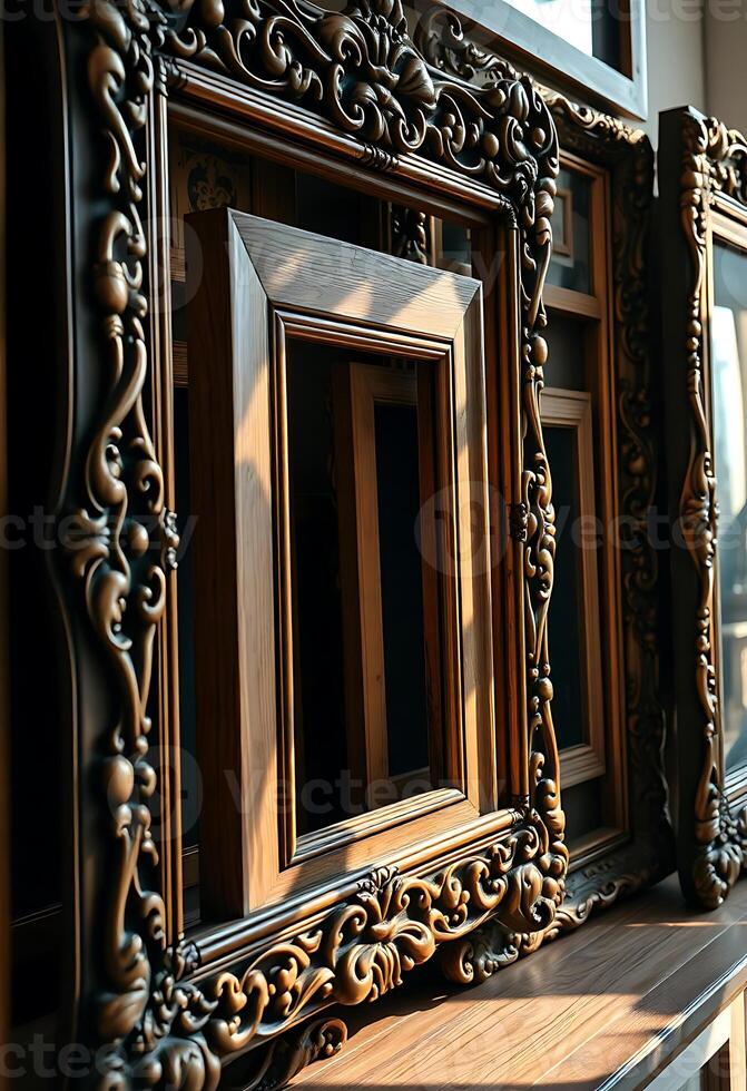 couple of frames sitting on top of a wooden shelf photo