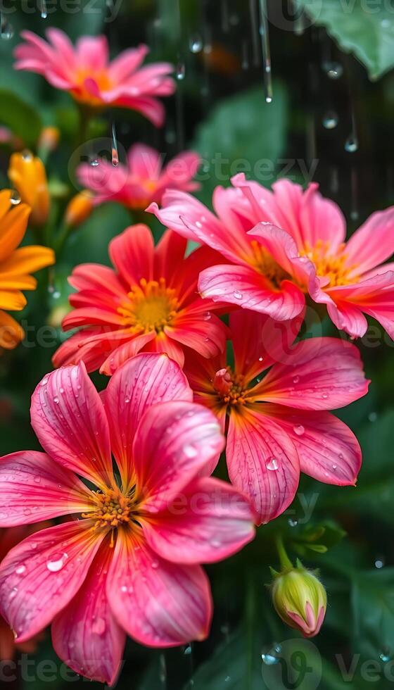 bunch of pink and yellow flowers with water droplets on them photo