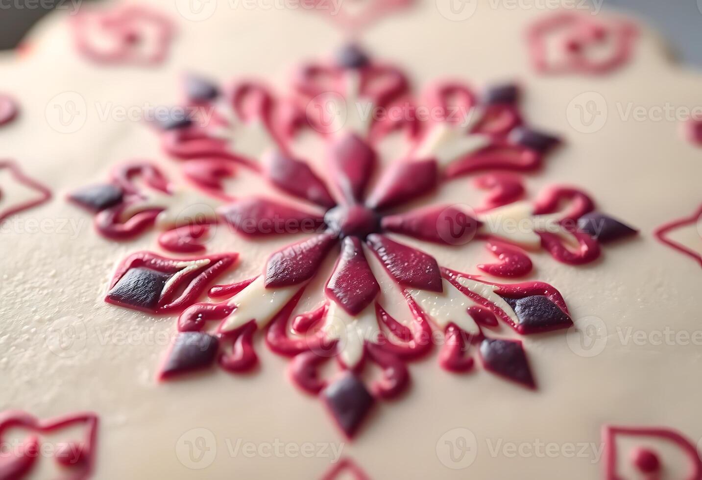 close up of a cake decorated with red and white icing photo