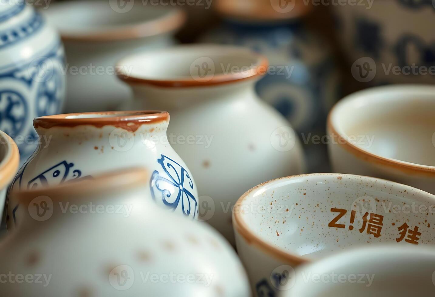 group of ceramic vases sitting next to each other photo