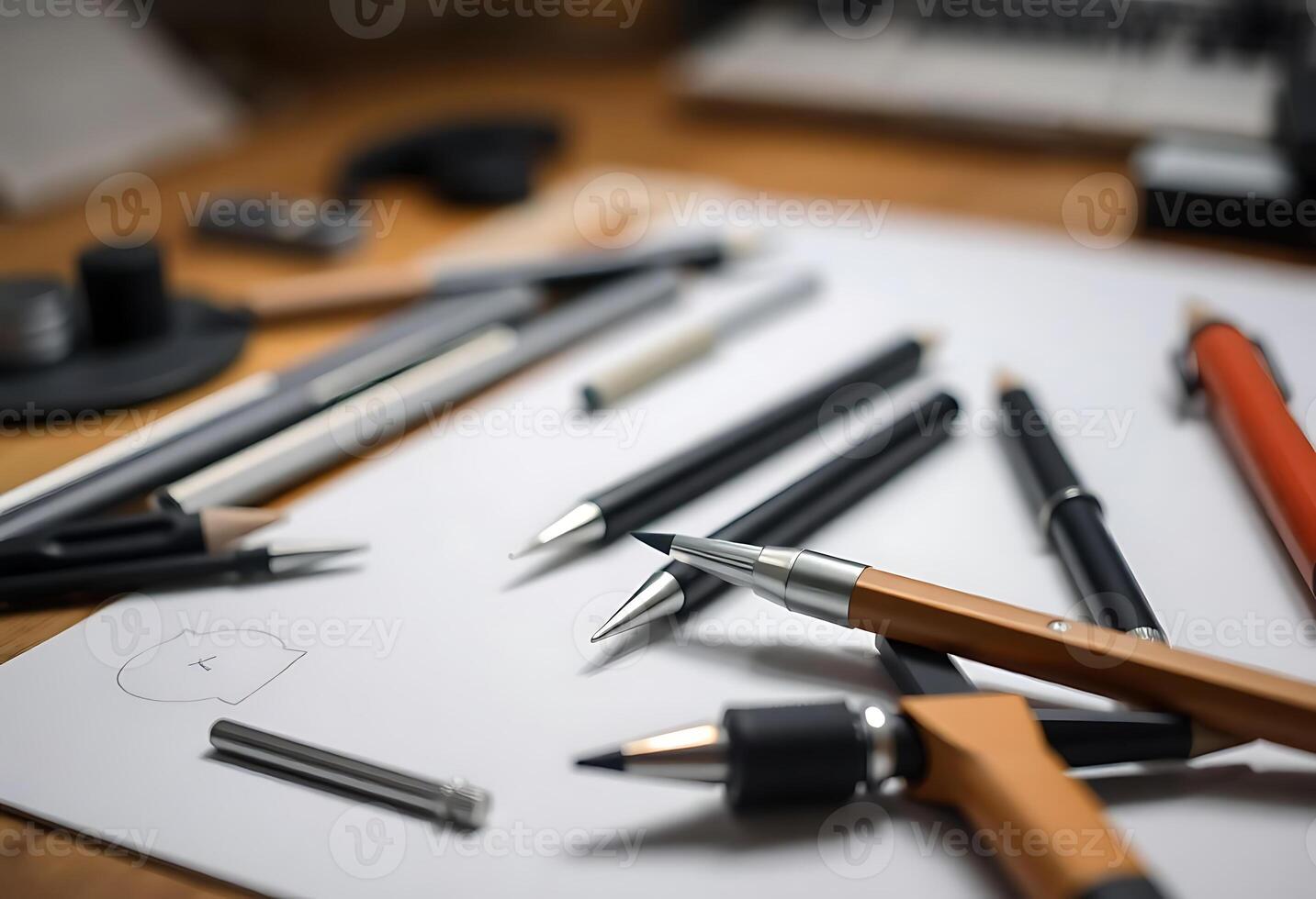 bunch of pens and pencils sitting on top of a piece of paper photo