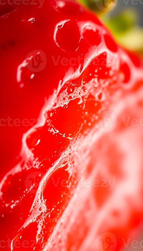 close up of a red strawberry with water droplets photo