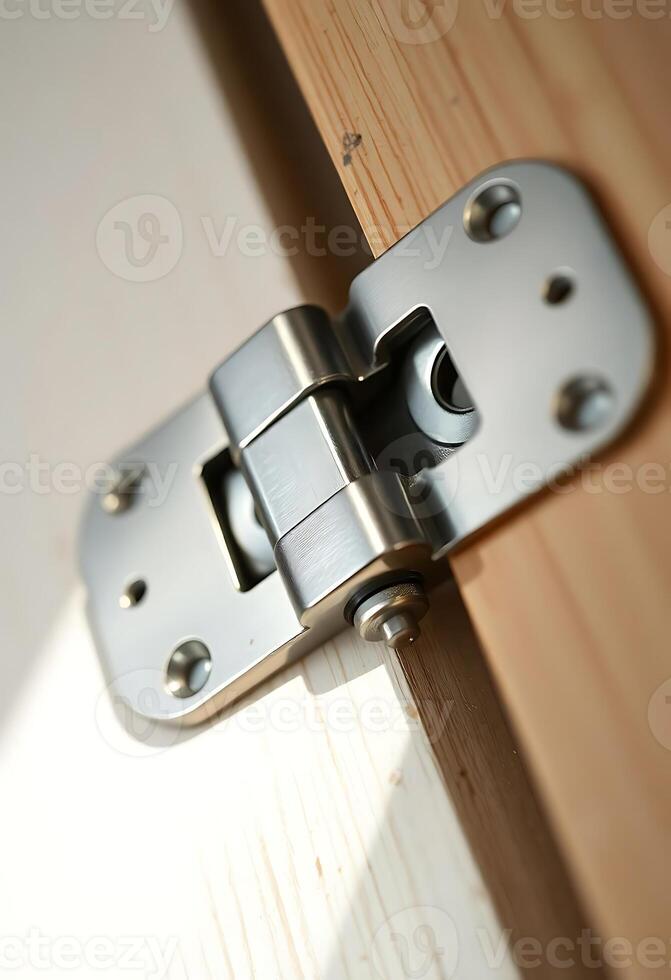 close up of a metal hinge on a wooden door photo