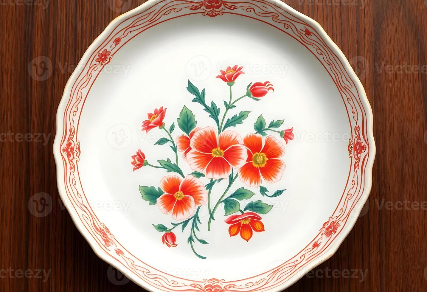white plate with red flowers painted on it photo