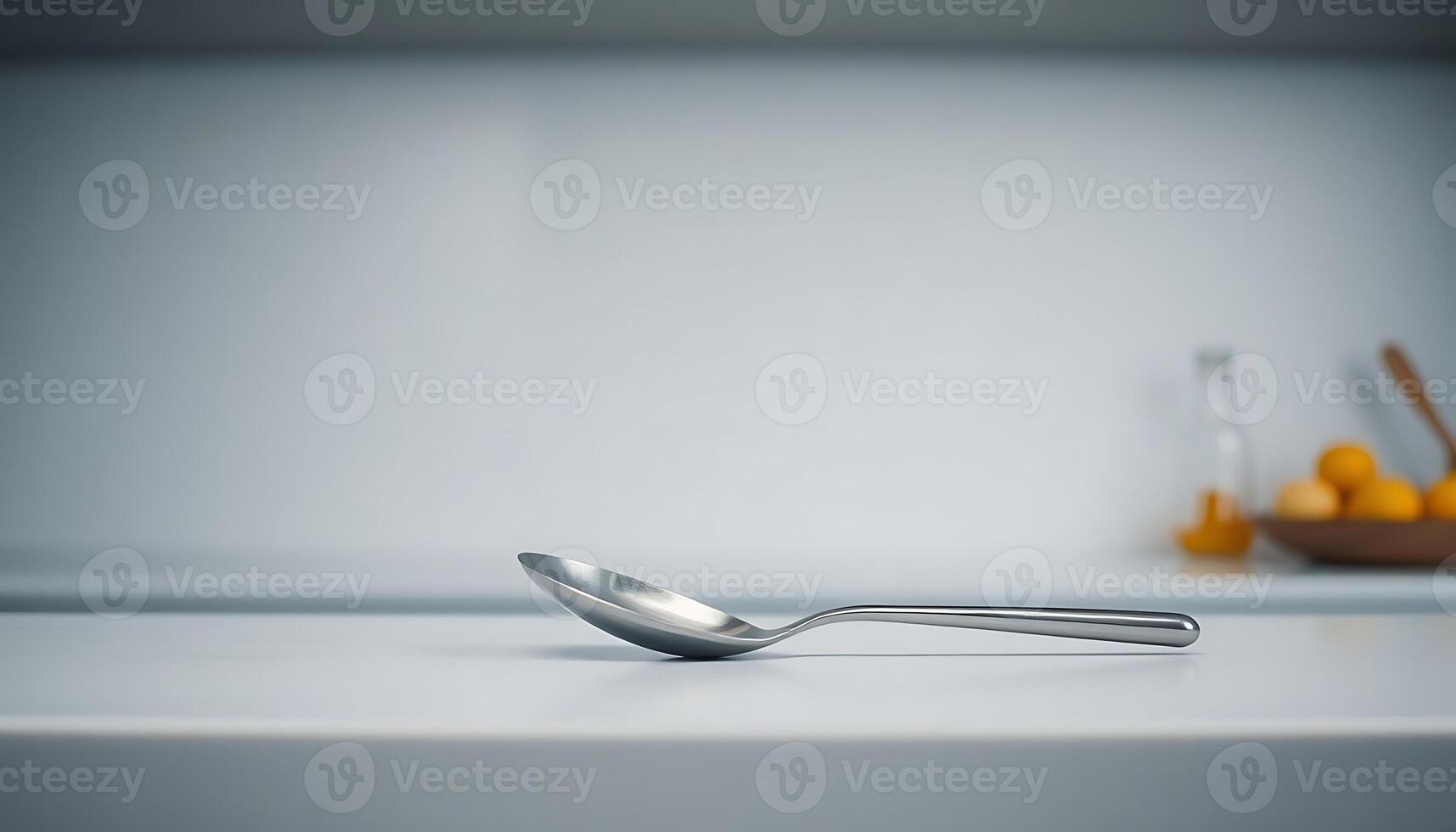 spoon sitting on top of a counter next to a bowl of oranges photo