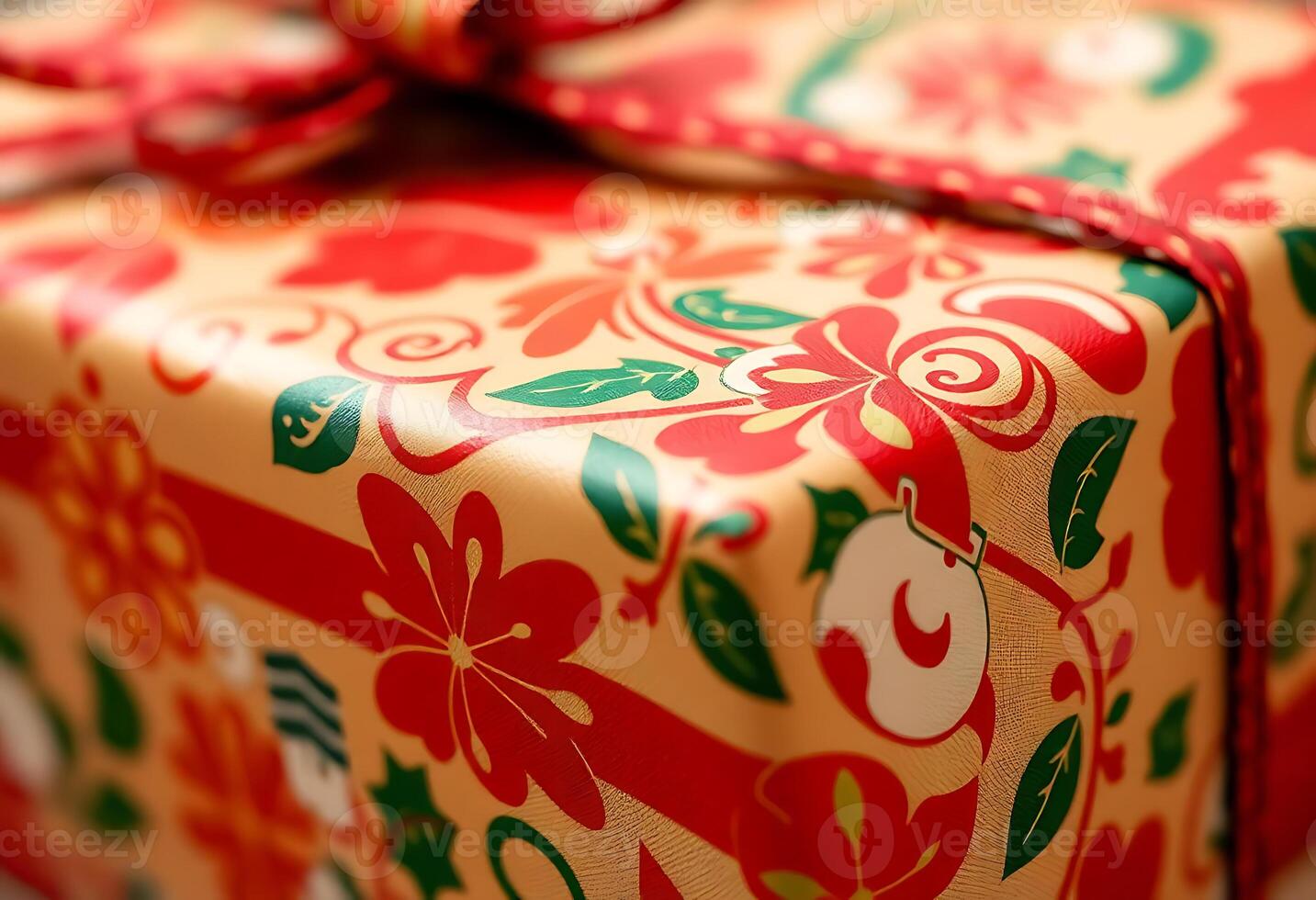 close up of a present wrapped in red and green wrapping paper photo