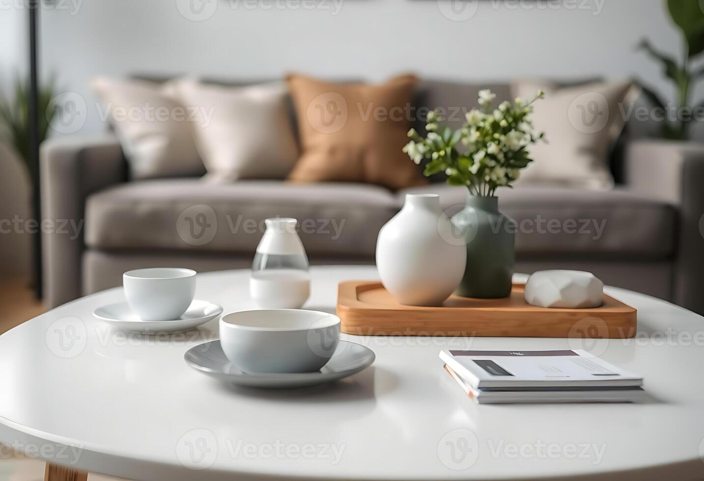 coffee table with cups and saucers on it photo