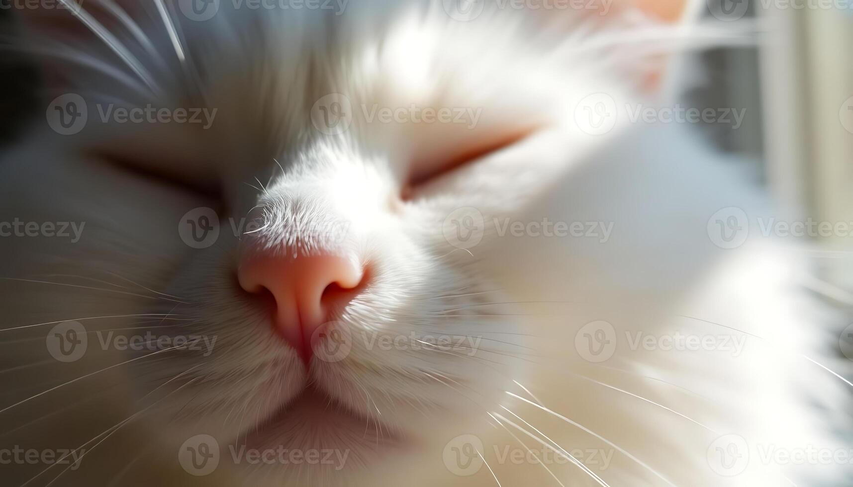close up of a white cat with its eyes closed photo