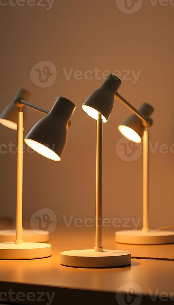 three desk lamps sitting on top of a table photo