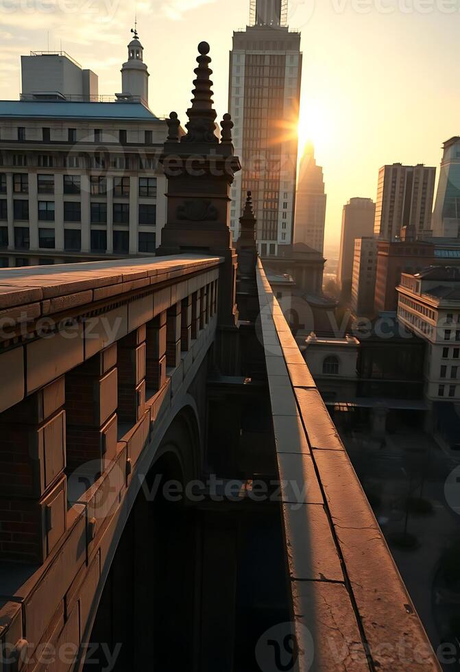 sun is setting over a bridge in a city photo