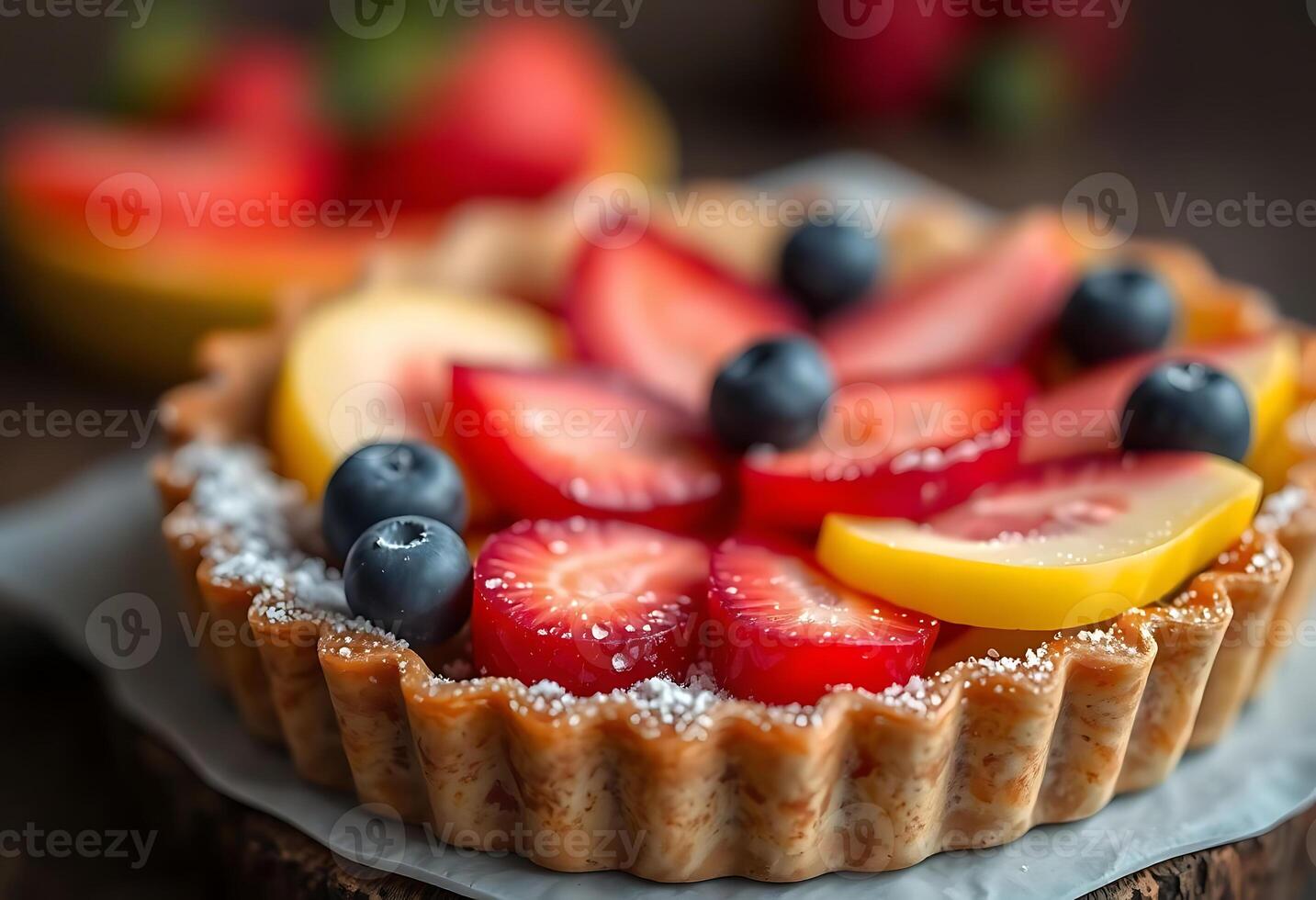 tart topped with fruit and powdered sugar photo